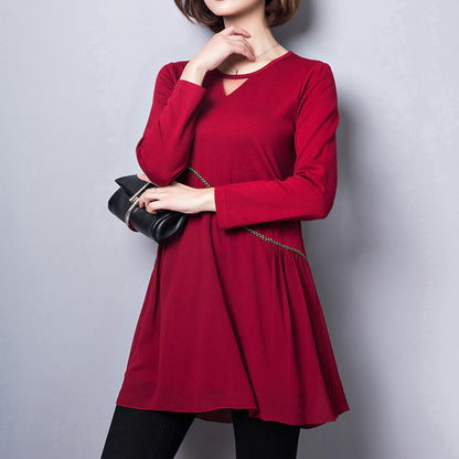 2024 neue rote Kleider aus Baumwollmischung mit lockerer Passform und V-Ausschnitt, Patchwork-Chiffonkleid