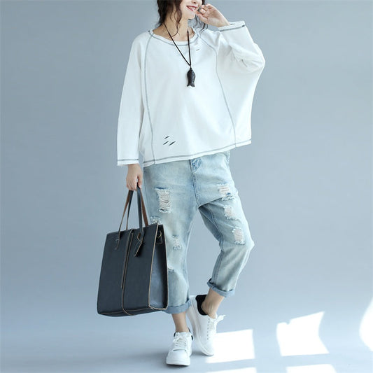 2024 neue weiße Baumwoll-Mode-Tops in Übergröße, stylischer Pullover
