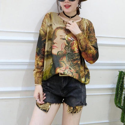 2024 Plus Size Casual Fit Pullover T-Shirts Mode Belle Prints Langarm Strickpullover