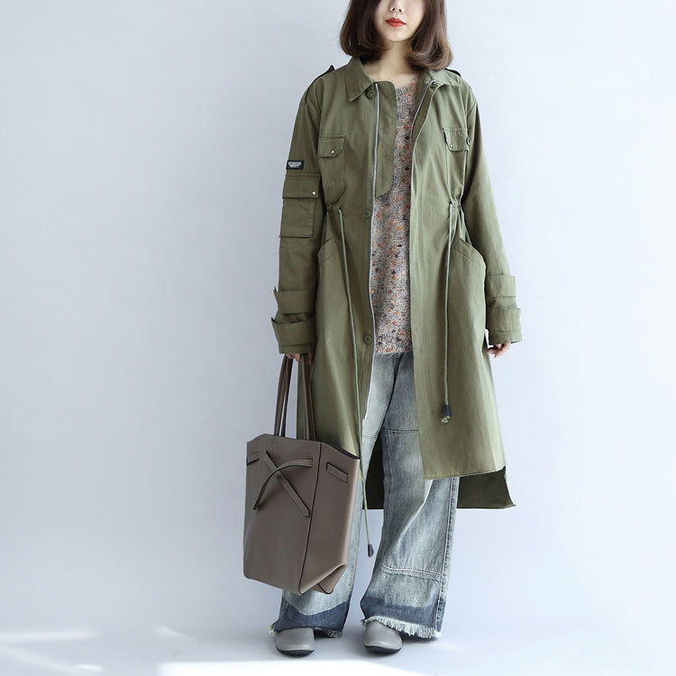2024 Taschen grüner lässiger Baumwollparka in Übergröße mit Taillenbund und langen Ärmeln