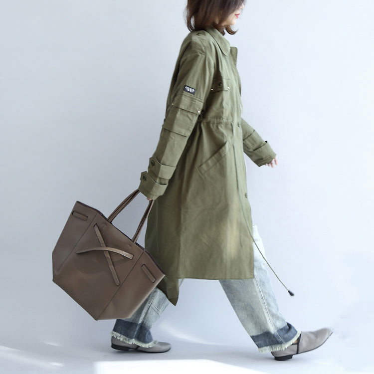 2024 Taschen grüner lässiger Baumwollparka in Übergröße mit Taillenbund und langen Ärmeln