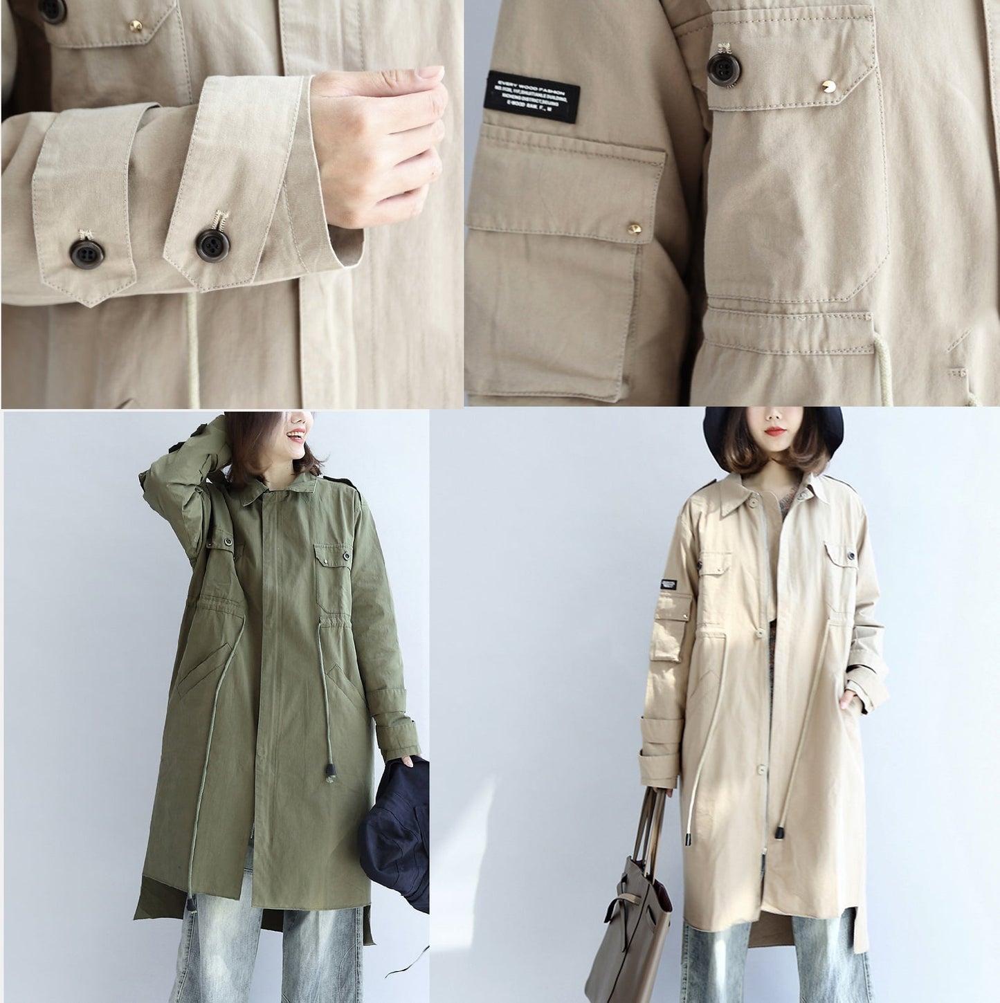 2024 Taschen grüner lässiger Baumwollparka in Übergröße mit Taillenbund und langen Ärmeln