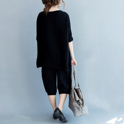2024 stylische schwarze dünne Pullover aus Baumwolle und lässige Hosen mit weitem Bein stricken zwei Stücke