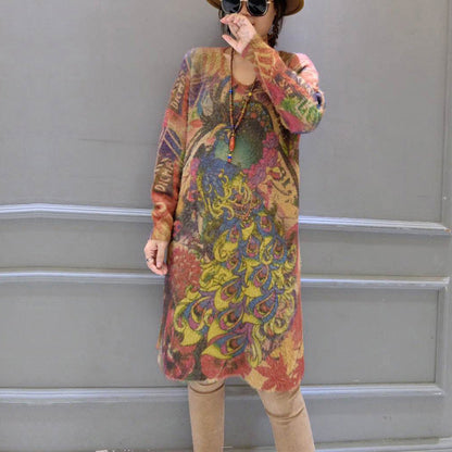 2024 Vintage elastische Wollpullover Kleider lose Phoenix Print lässige Frauen gemütliche Strickkleid