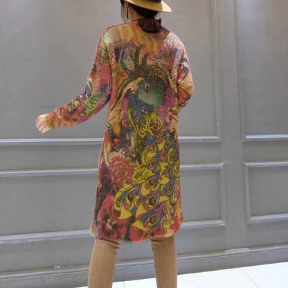 2024 Vintage elastische Wollpullover Kleider lose Phoenix Print lässige Frauen gemütliche Strickkleid
