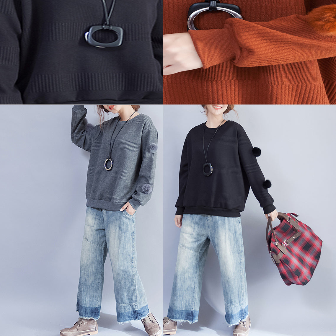 2024 Winter schwarzer Wollpullover mit Fuzzy-Ball-Dekor in Übergröße mit O-Ausschnitt, modische Strickoberteile