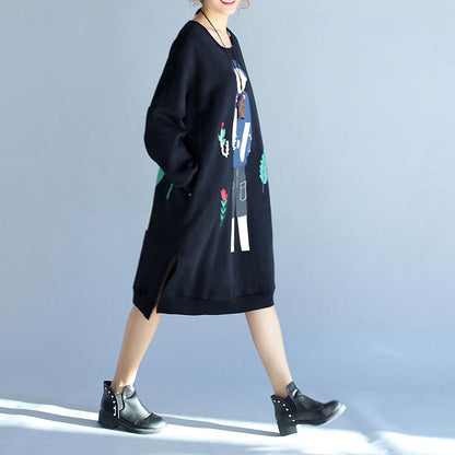 2024 Winter schwarze dicke Baumwollkleider in Übergröße mit Aufdrucken, lange Ärmel, seitlich offen, lässiges Etuikleid