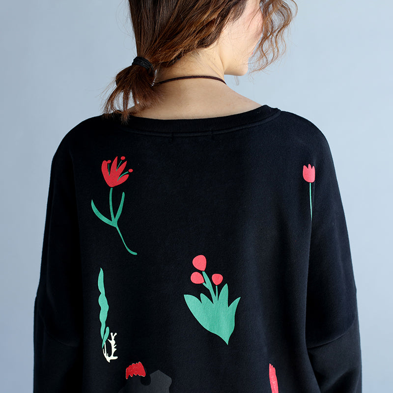 2024 Winter schwarze dicke Baumwollkleider in Übergröße mit Aufdrucken, lange Ärmel, seitlich offen, lässiges Etuikleid