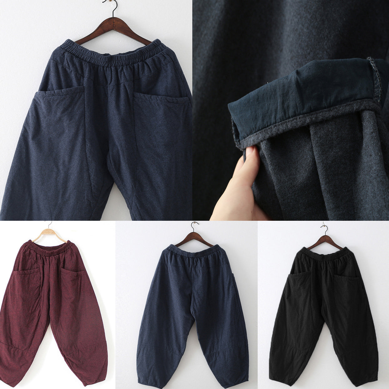 2024 Winter dunkelblaue Baumwollhose warme dicke oversized Leinenhose lässig gemütlicher Stil