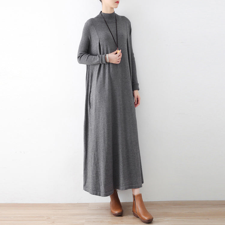 2024 Winter grau stricken Maxi-Kleider elegante warme Wollkleider Kaftane Kleid