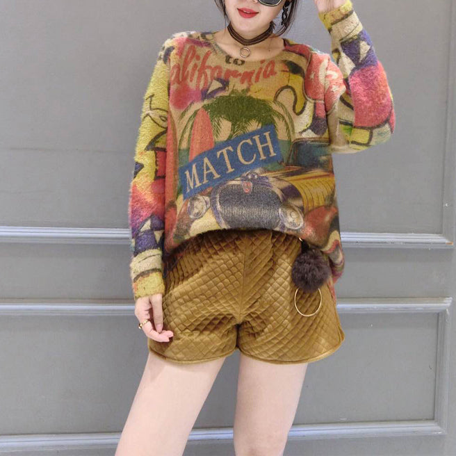 2024 Winter O-Ausschnitt Alphabet Print Baumwollpullover Tops Übergröße Langarm Mode Strickpullover