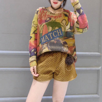 2024 Winter O-Ausschnitt Alphabet Print Baumwollpullover Tops Übergröße Langarm Mode Strickpullover