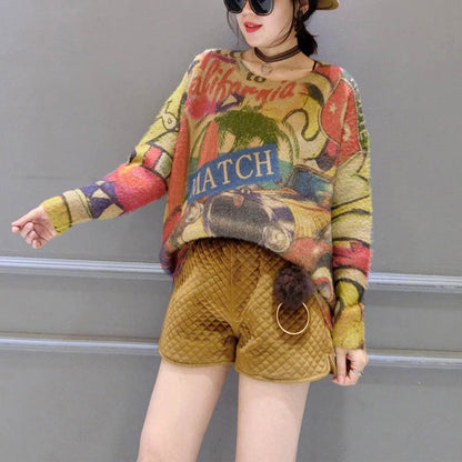 2024 Winter O-Ausschnitt Alphabet Print Baumwollpullover Tops Übergröße Langarm Mode Strickpullover