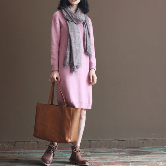 2024 Winter rosa Kaninchen Wollmischung Pullover Kleider lose Vintage Strickkleid