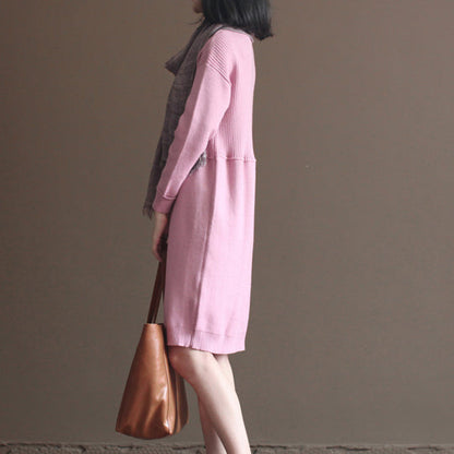 2024 Winter rosa Kaninchen Wollmischung Pullover Kleider lose Vintage Strickkleid