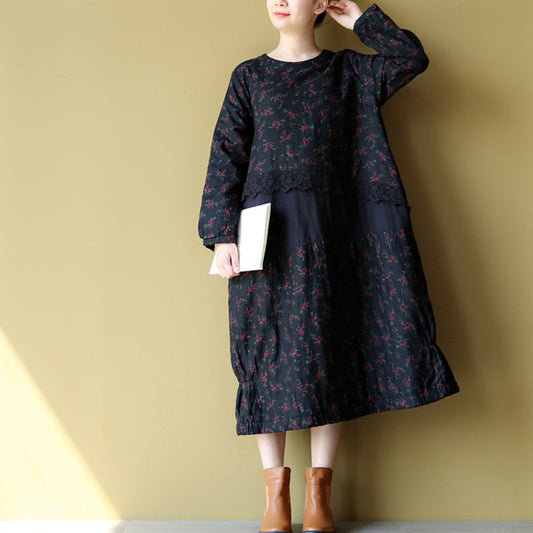 2024 Winter warme Stickerei Blumen Baumwollkleider Oversize Print Patchwork Leinen dickes Maxikleid