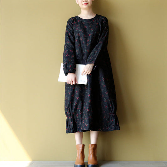2024 Winter warme Stickerei Blumen Baumwollkleider Oversize Print Patchwork Leinen dickes Maxikleid