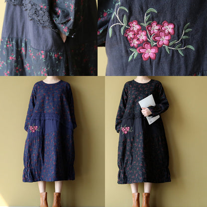 2024 Winter warme Stickerei Blumen Baumwollkleider Oversize Print Patchwork Leinen dickes Maxikleid