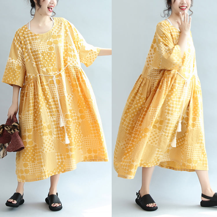 2024 Gelbes lässiges Baumwollkleid mit Print in Übergröße, Maxikleid mit Armbandärmeln