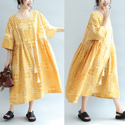 2024 Gelbes lässiges Baumwollkleid mit Print in Übergröße, Maxikleid mit Armbandärmeln