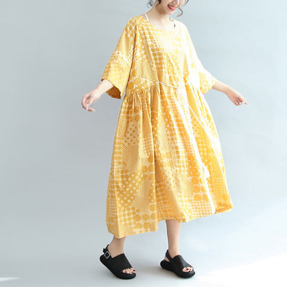 2024 Gelbes lässiges Baumwollkleid mit Print in Übergröße, Maxikleid mit Armbandärmeln