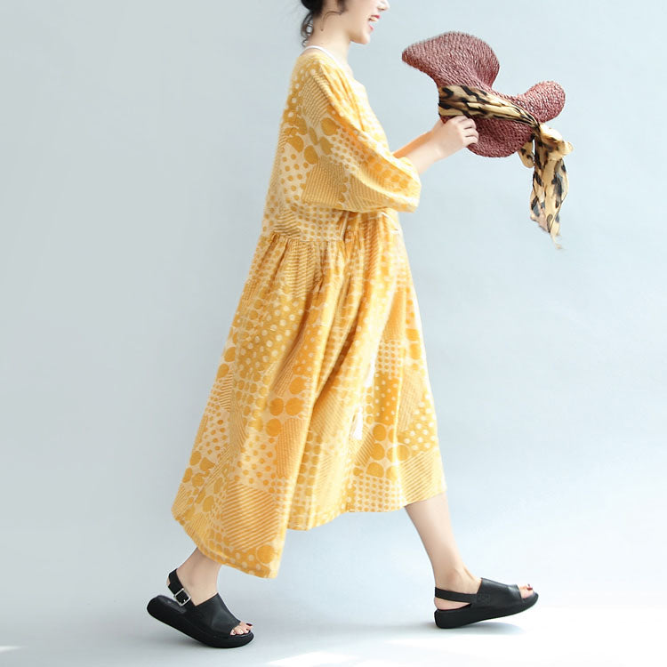 2024 Gelbes lässiges Baumwollkleid mit Print in Übergröße, Maxikleid mit Armbandärmeln
