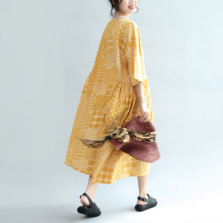 2024 Gelbes lässiges Baumwollkleid mit Print in Übergröße, Maxikleid mit Armbandärmeln