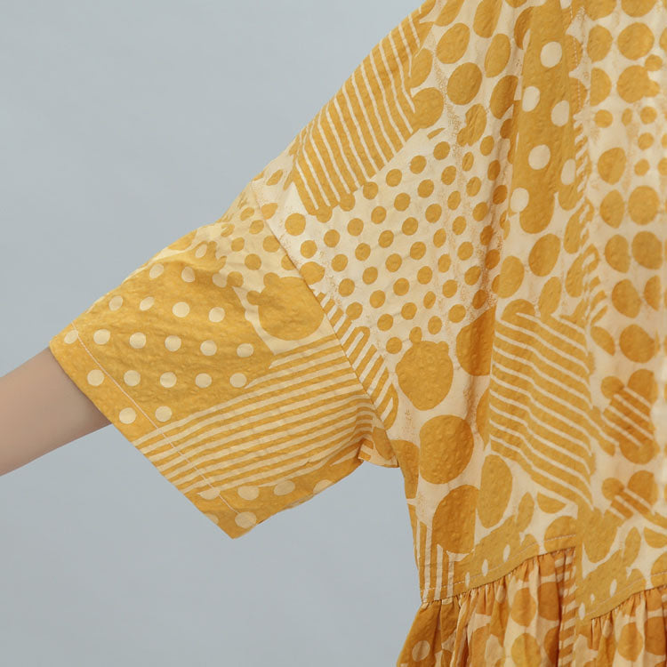 2024 Gelbes lässiges Baumwollkleid mit Print in Übergröße, Maxikleid mit Armbandärmeln