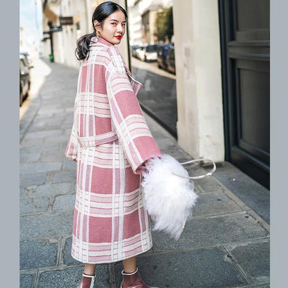 2018 Plaid Wool Coat casual Notched tie waist maxi coat Fashion pockets coat - SooLinen