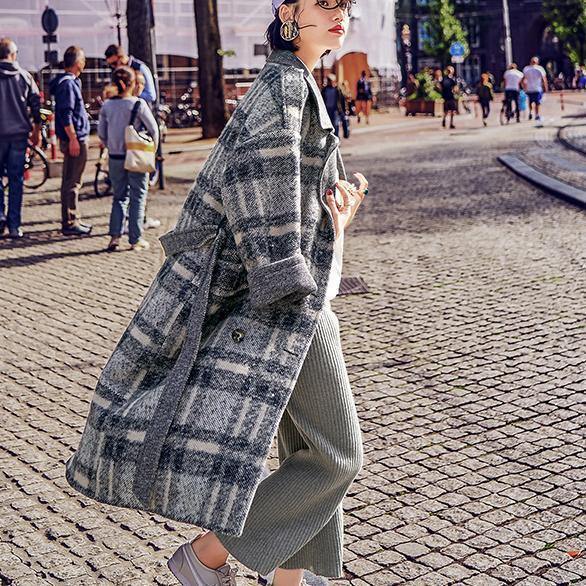 2018 Plaid coat Loose fitting Notched Winter coat Fine double breasted pockets Coats - SooLinen