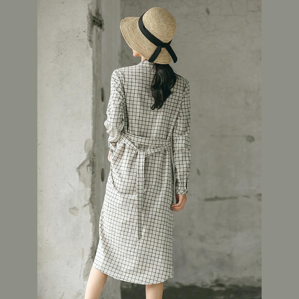 2018 Plaid fall casual linen dress baggy turn-down Collar linen dress - SooLinen