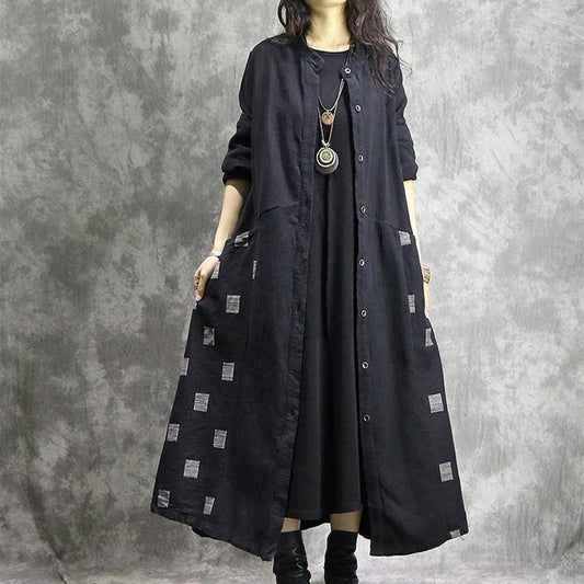 2019 black Plaid Coat trendy plus size stand collar patchwork Coats boutique pockets coats - SooLinen