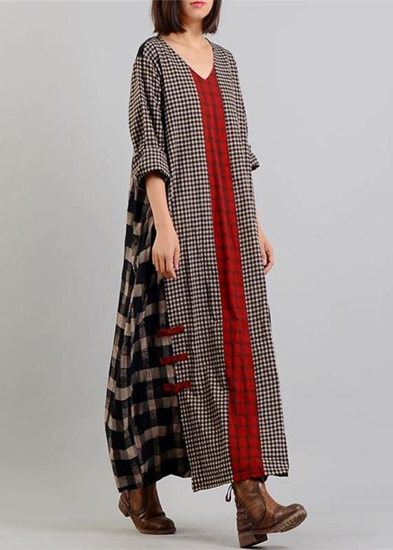 2019 black Plaid autumn Loose fitting v neck patchwork traveling clothing vintage Chinese Button dresses - SooLinen