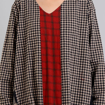 2019 black Plaid autumn Loose fitting v neck patchwork traveling clothing vintage Chinese Button dresses - SooLinen