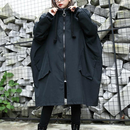 2019 black Winter coat trendy plus size hooded baggy zippered Coats women pockets coats - SooLinen