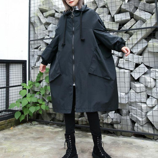 2019 black Winter coat trendy plus size hooded baggy zippered Coats women pockets coats - SooLinen