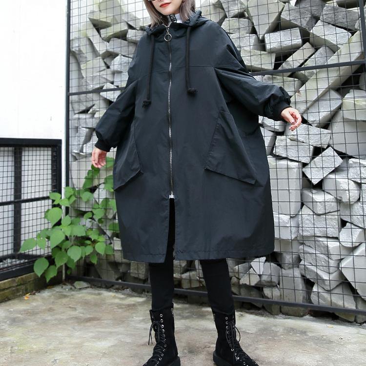 2019 black Winter coat trendy plus size hooded baggy zippered Coats women pockets coats - SooLinen