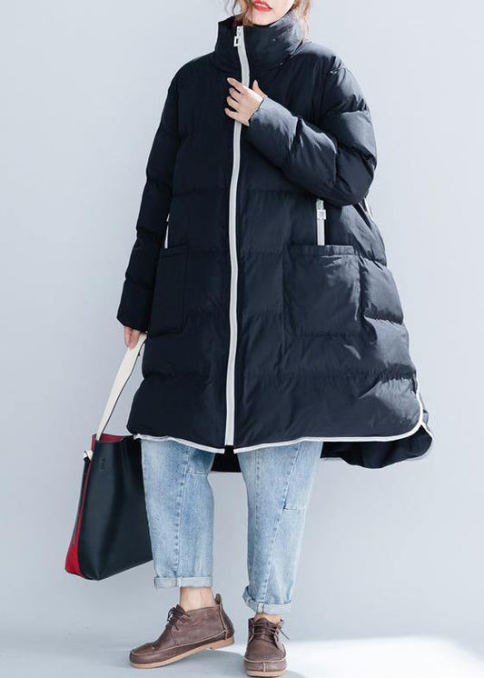 2019 schwarze Baumwolljacke trendige Plus-Size-Stehkragen mit Reißverschluss Warme Taschen dicke Winter-Baumwollmäntel