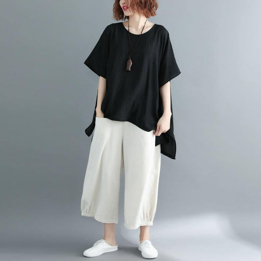 2019 black cotton linen waistcoat trendy plus size linen clothing blouses boutique short sleeve o neck brief t shirt - SooLinen