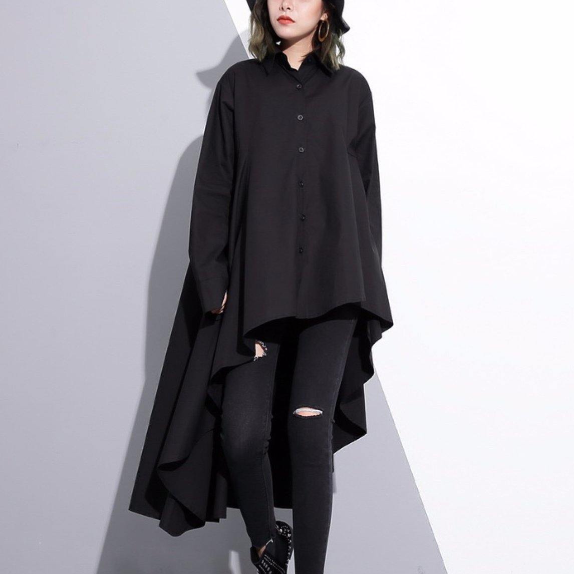 2019 black cotton tops plus size clothing cotton clothing blouses fine low high design lapel collar cotton tops - SooLinen