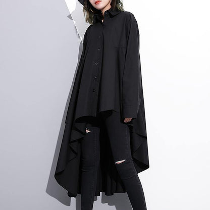 2019 black cotton tops plus size clothing cotton clothing blouses fine low high design lapel collar cotton tops - SooLinen