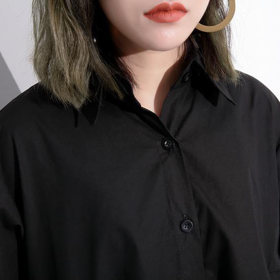 2019 black cotton tops plus size clothing cotton clothing blouses fine low high design lapel collar cotton tops - SooLinen