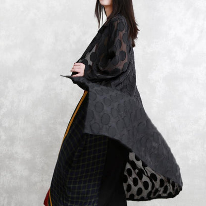 2019 black dotted Jacquard coats plus size Turn-down Collar outwear fine long sleeve pockets long coat - SooLinen