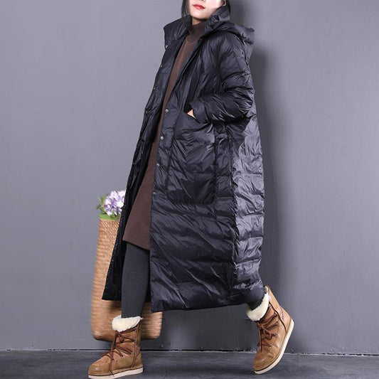 2019 black down coat plus size clothing hooded down coat Casual Large pockets down coat - SooLinen