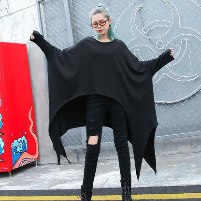2019 black natural cotton blended t shirt oversize O neck clothing tops vintage asymmetric large hem t shirt - SooLinen