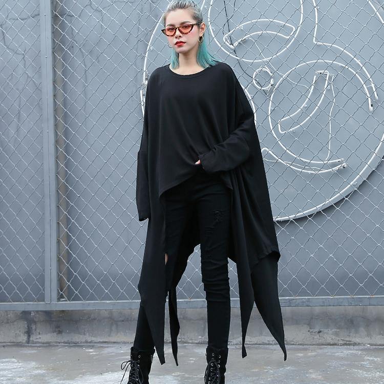 2019 black natural cotton blended t shirt oversize O neck clothing tops vintage asymmetric large hem t shirt - SooLinen