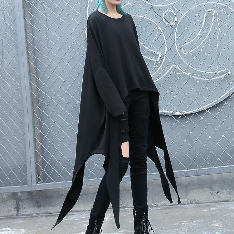 2019 black natural cotton blended t shirt oversize O neck clothing tops vintage asymmetric large hem t shirt - SooLinen