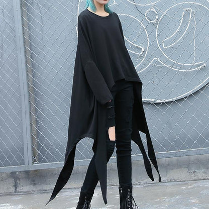 2019 black natural cotton blended t shirt oversize O neck clothing tops vintage asymmetric large hem t shirt - SooLinen