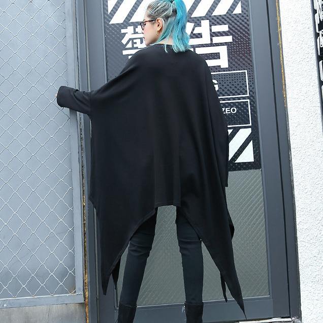 2019 black natural cotton blended t shirt oversize O neck clothing tops vintage asymmetric large hem t shirt - SooLinen