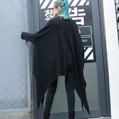 2019 black natural cotton blended t shirt oversize O neck clothing tops vintage asymmetric large hem t shirt - SooLinen